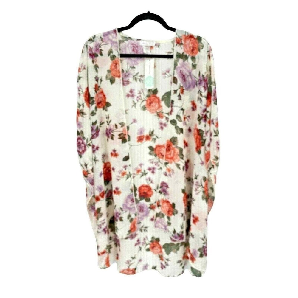 Emory Park Caley Kimono Womens plus 2XL White Sheer Floral S/S NEW - Picture 2 of 6